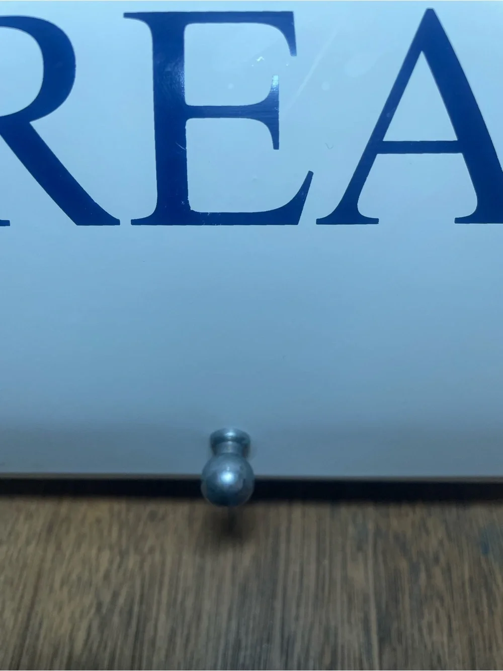 White Metal Roll Top Bread Box Blue Lettering Farmhouse Kitchen Storage